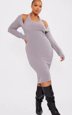 Plus Grey Halterneck Knitted Midi Dress