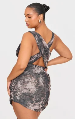 Plus Grey Leopard Double Layer Slinky Mesh Panel Bodycon Dress