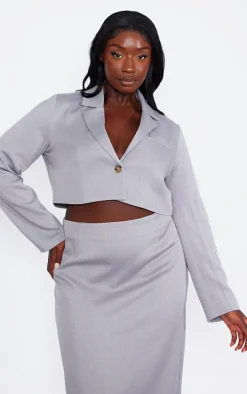 Plus Grey Linen Look Cropped Blazer