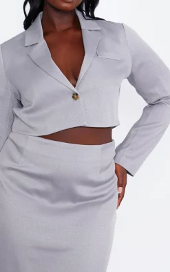 Plus Grey Linen Look Cropped Blazer
