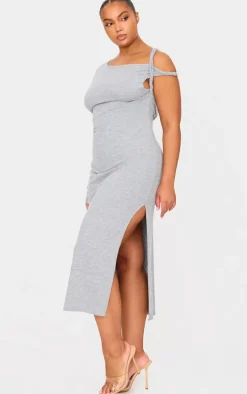 Plus Grey Marl Asymmetric Twist Shoulder Soft Touch Midi Dress