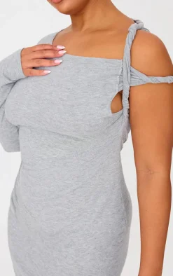 Plus Grey Marl Asymmetric Twist Shoulder Soft Touch Midi Dress