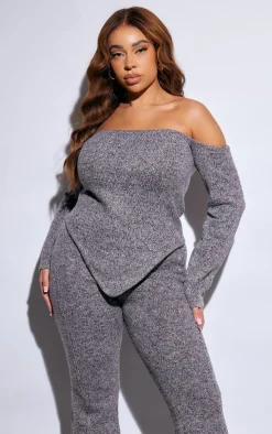 Plus Grey Marl Knit Bardot Corset Style Top