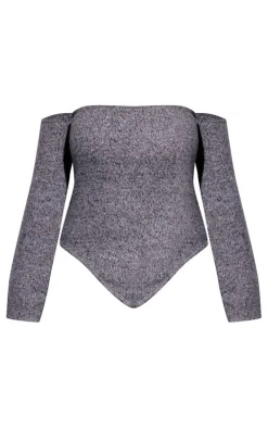 Plus Grey Marl Knit Bardot Corset Style Top