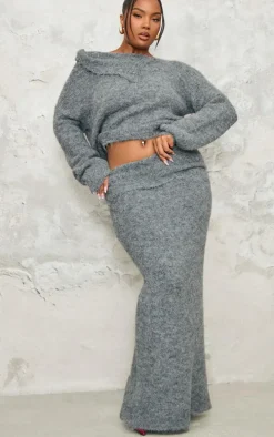 Plus Grey Marl Knit Foldover Maxi Skirt
