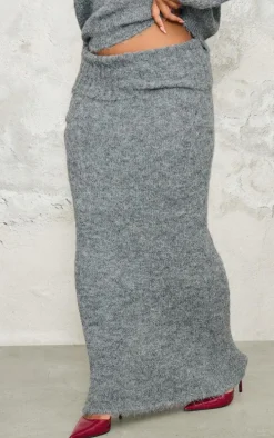 Plus Grey Marl Knit Foldover Maxi Skirt