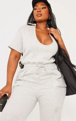 Plus Grey Marl Open Collar Sweat Jumpsuit