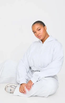 Plus Grey Premium Cropped Waist Detail Hoodie