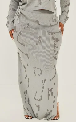Plus Grey Rib Knit Distressed Detailing Maxi Skirt
