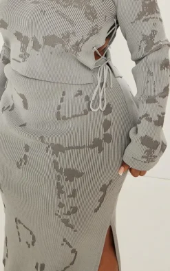 Plus Grey Rib Knit Distressed Detailing Maxi Skirt