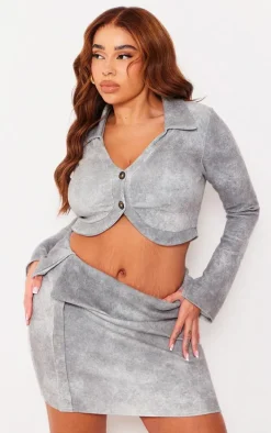 Plus Grey Ribbed Fold Over Button Detail Mini Skirt