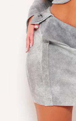 Plus Grey Ribbed Fold Over Button Detail Mini Skirt