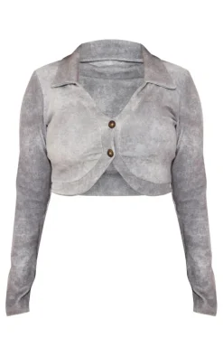 Plus Grey Ribbed Long Sleeve Button Top