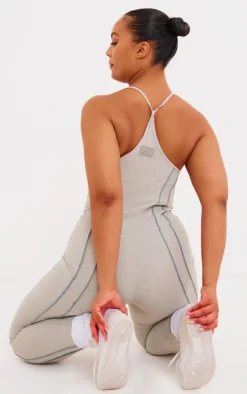 Plus Grey Sculpt Contrast Seam Strappy Long Unitard