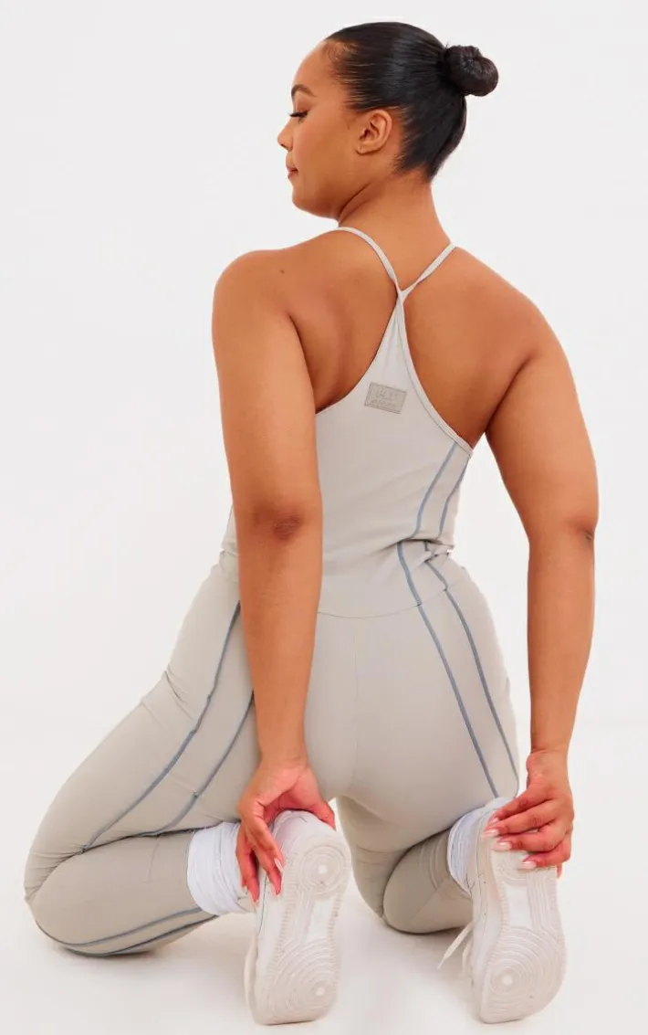Plus Grey Sculpt Contrast Seam Strappy Long Unitard