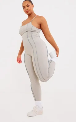Plus Grey Sculpt Contrast Seam Strappy Long Unitard
