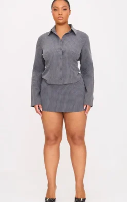 Plus Grey Tailored Woven Glitter Pinstripe Fitted Shirt