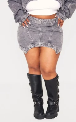 Plus Grey Washed Curved Hem Denim Mini Skirt