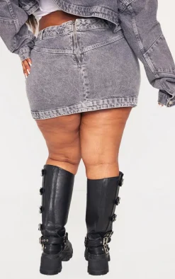 Plus Grey Washed Curved Hem Denim Mini Skirt
