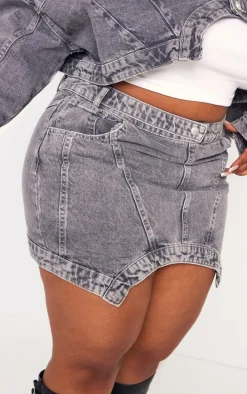 Plus Grey Washed Curved Hem Denim Mini Skirt