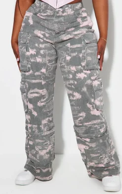 Plus Grey Washed Pink Detailed Print Wide Leg Jeans