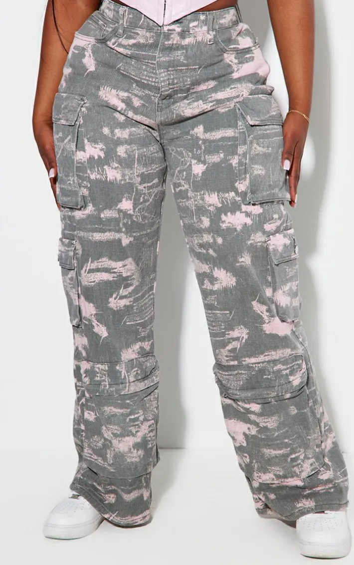 Plus Grey Washed Pink Detailed Print Wide Leg Jeans