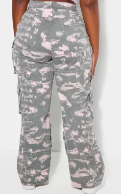 Plus Grey Washed Pink Detailed Print Wide Leg Jeans