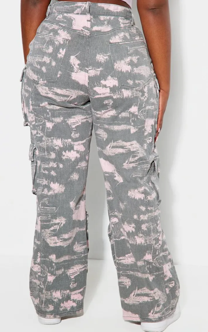 Plus Grey Washed Pink Detailed Print Wide Leg Jeans