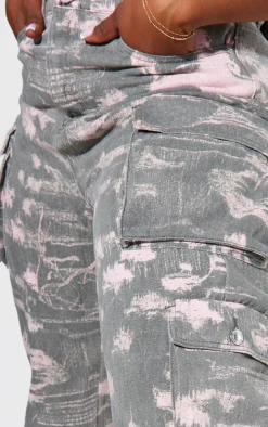 Plus Grey Washed Pink Detailed Print Wide Leg Jeans
