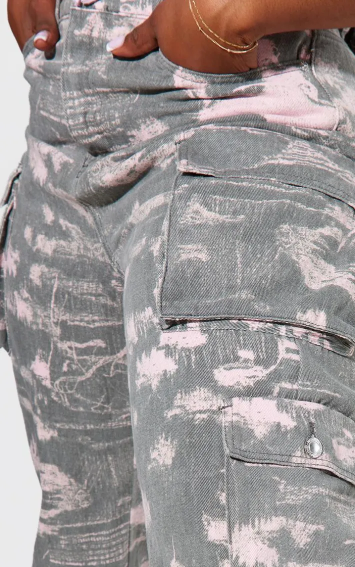 Plus Grey Washed Pink Detailed Print Wide Leg Jeans