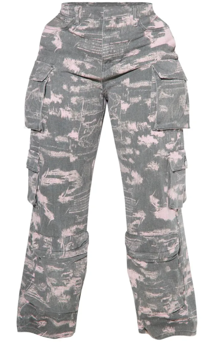 Plus Grey Washed Pink Detailed Print Wide Leg Jeans