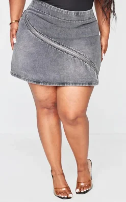 Plus Grey Washed Zip Detail Denim Skirt
