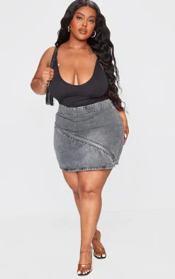 Plus Grey Washed Zip Detail Denim Skirt