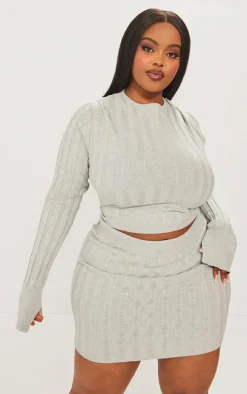 Plus Grey Wide Rib Knit Long Sleeve Top