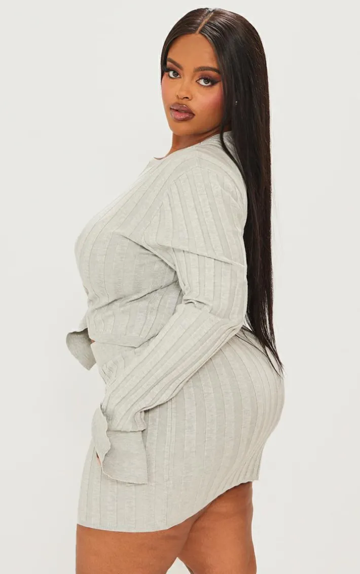 Plus Grey Wide Rib Knit Long Sleeve Top