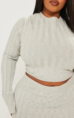 Plus Grey Wide Rib Knit Long Sleeve Top