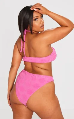 Plus Hot Pink Burnout Flower Towelling Ring Halter Neck Bikini Top