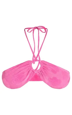 Plus Hot Pink Burnout Flower Towelling Ring Halter Neck Bikini Top