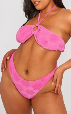 Plus Hot Pink Burnout Flower Towelling High Leg Bikini Bottoms