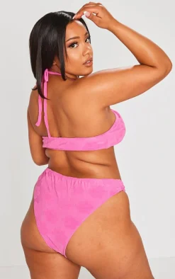 Plus Hot Pink Burnout Flower Towelling High Leg Bikini Bottoms