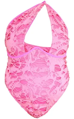 Plus Hot Pink Distressed Cut Out Swimsuit