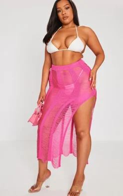 Plus Hot Pink Extreme Distressed Knitted Maxi Skirt