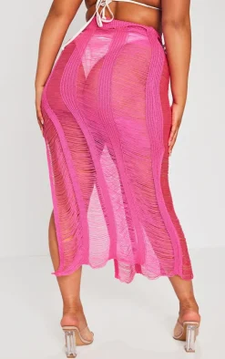 Plus Hot Pink Extreme Distressed Knitted Maxi Skirt