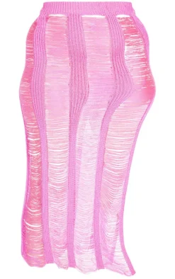 Plus Hot Pink Extreme Distressed Knitted Maxi Skirt