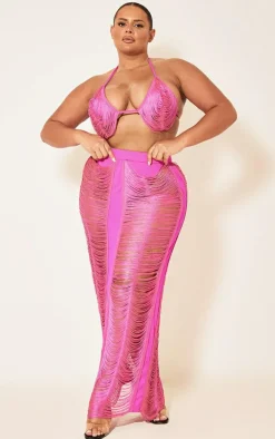 Plus Hot Pink Fringed Maxi Skirt