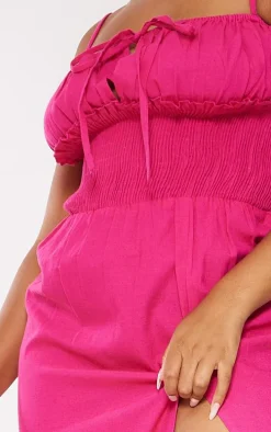 Plus Hot Pink Linen Look Shirred Waist Midi Dress