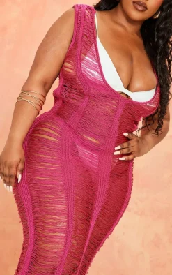 Plus Hot Pink Metallic Distressed Maxi Dress