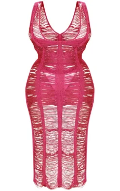 Plus Hot Pink Metallic Distressed Maxi Dress