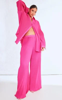 Plus Hot Pink Plisse High Waisted Wide Leg Pants