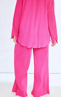 Plus Hot Pink Plisse High Waisted Wide Leg Pants